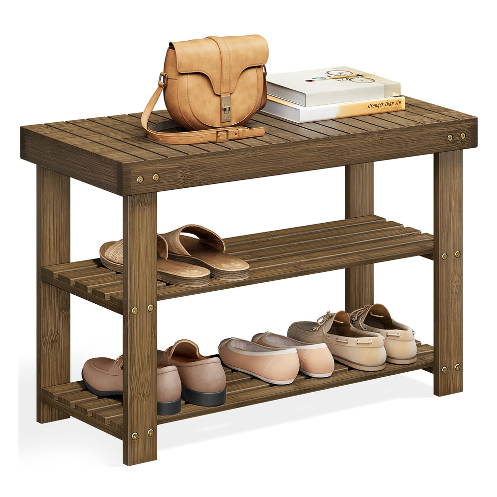 Shoe Rack Bench 3-Tier Bamboo Shoe Storage Organizer Ink Black - Walnut - 11.3"D x 27.6”W x 17.8"H