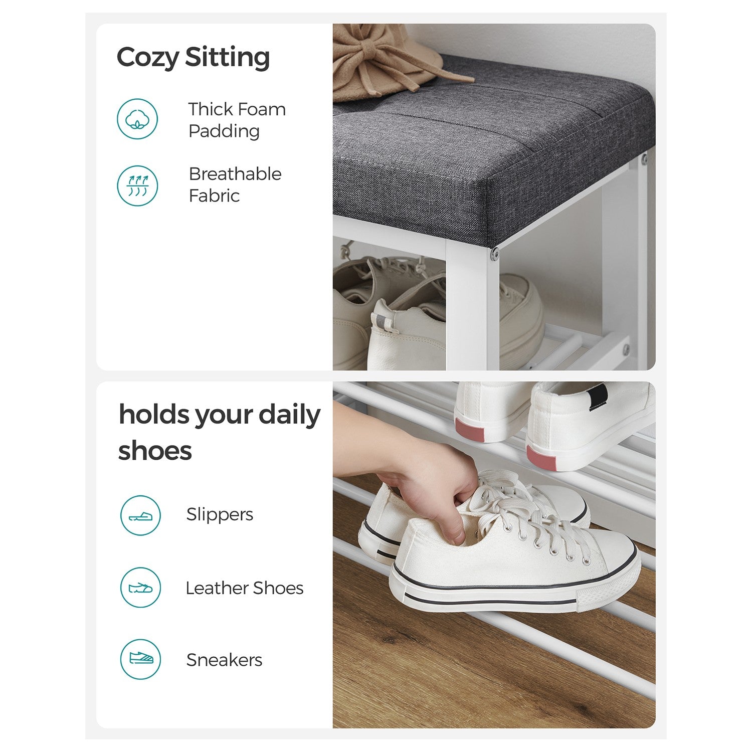 3-Tier Shoe Rack for Entryway Organizer with Foam Padded Seat - Cream Cloud, Cloud White