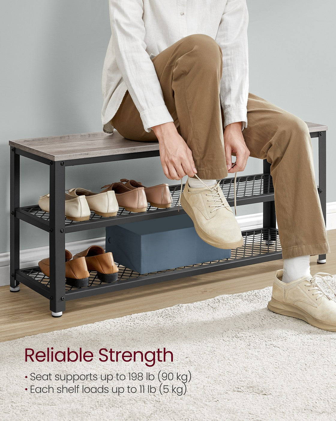 Storage Bench - 3-Tier - Metal Mesh Shelves - 39.4-Inch