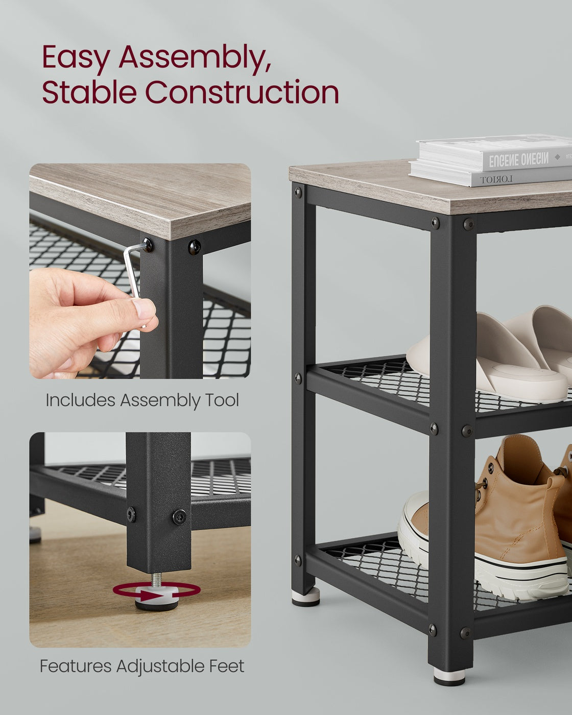 Storage Bench - 3-Tier - Metal Mesh Shelves - 39.4-Inch