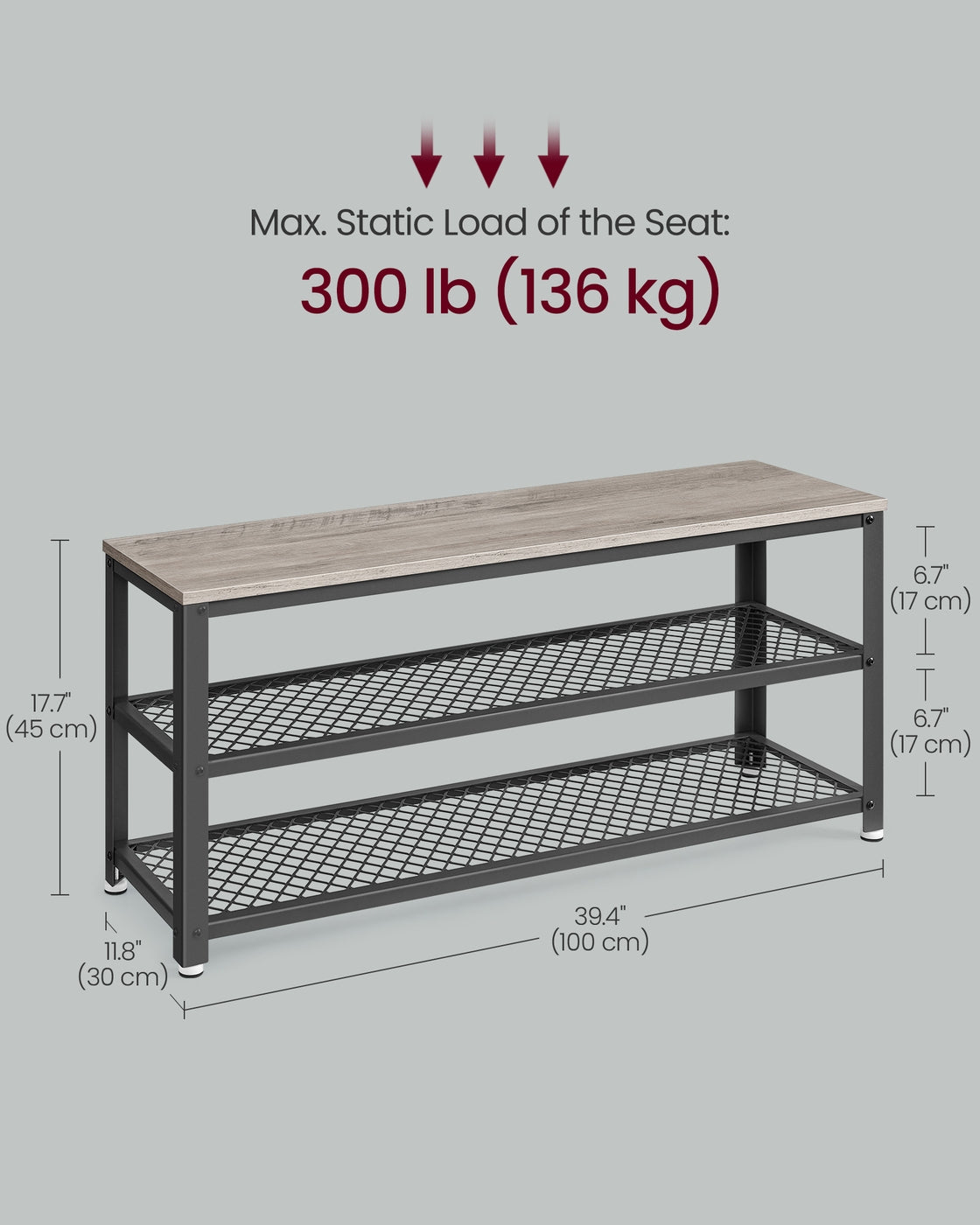 Storage Bench - 3-Tier - Metal Mesh Shelves - 39.4-Inch