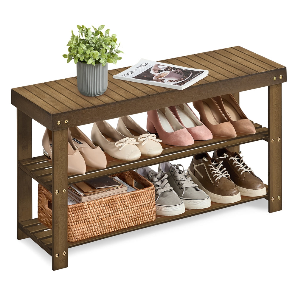 Shoe Rack Bench 3-Tier Bamboo Shoe Storage Organizer Ink Black - Yellow Brown - 11.3"D x 35.4"W x 17.8"H