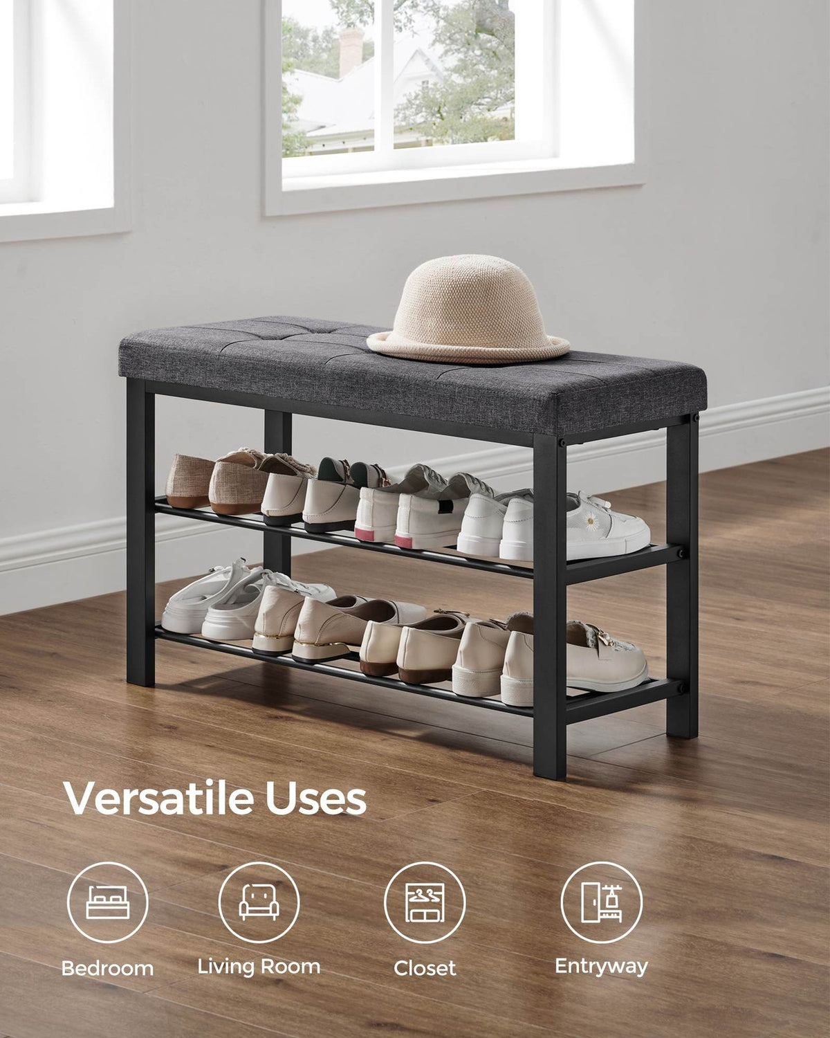 Shoe Bench - 3-Tier - Foam Padded Seat - For Entryway
