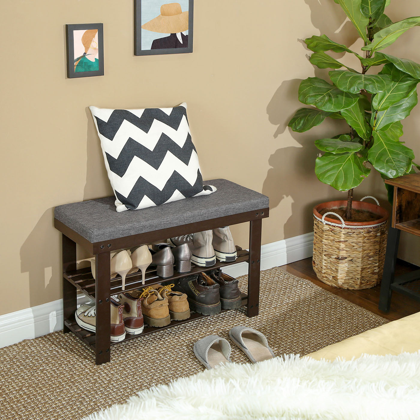 Shoe Organizer with Bench - Brown, Gray