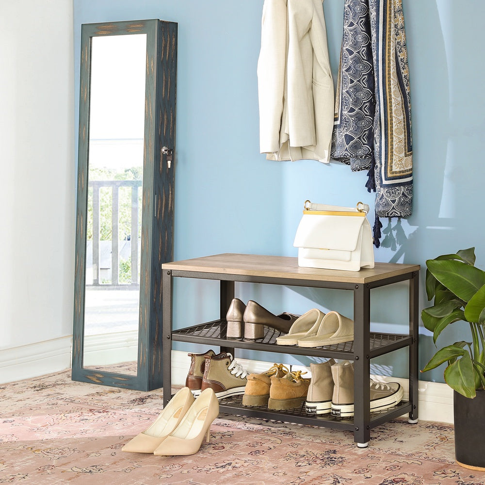 Shelf Storage Bench - Metal Mesh Shelves - 29 Inch Entryway Bench
