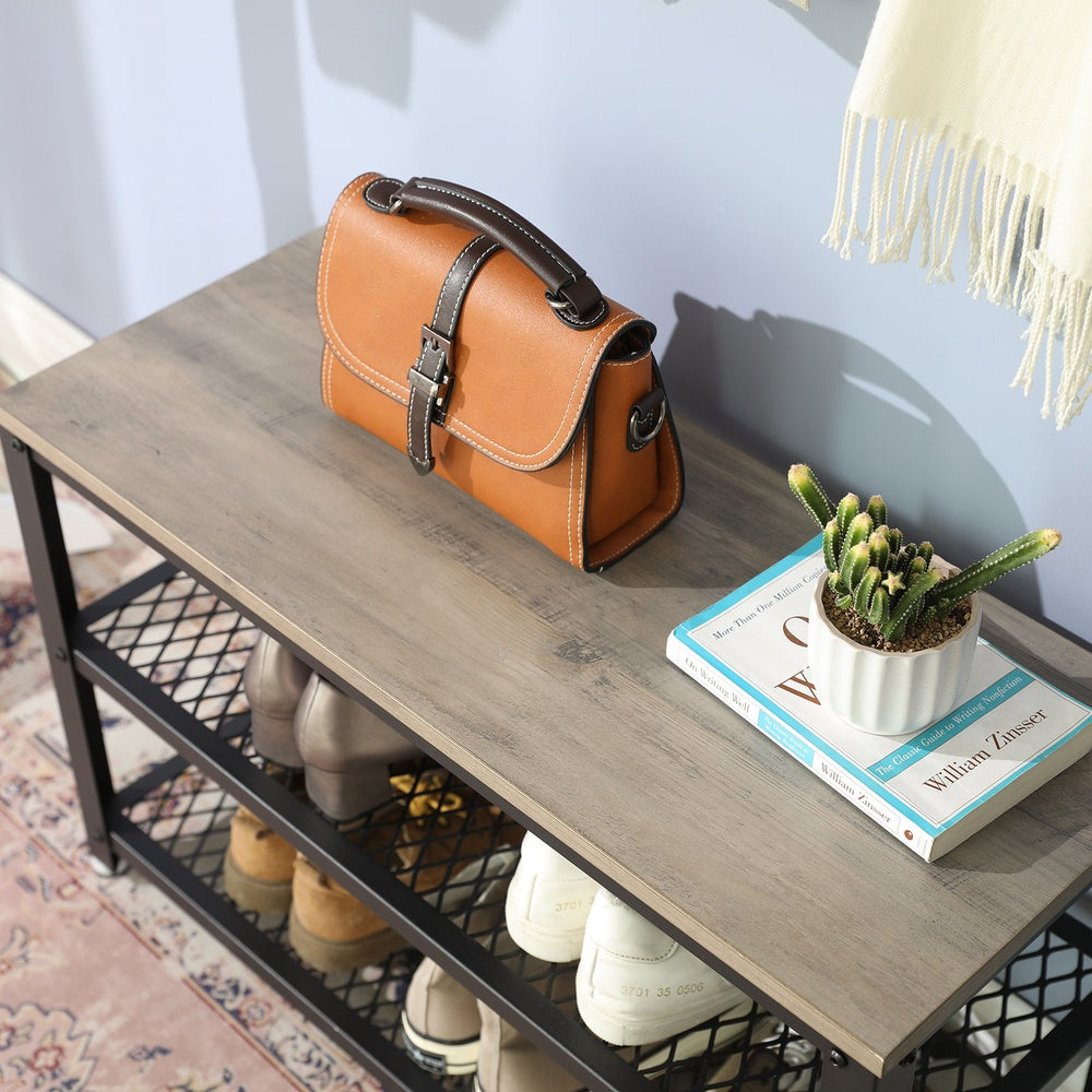 Shelf Storage Bench - Metal Mesh Shelves - 29 Inch Entryway Bench