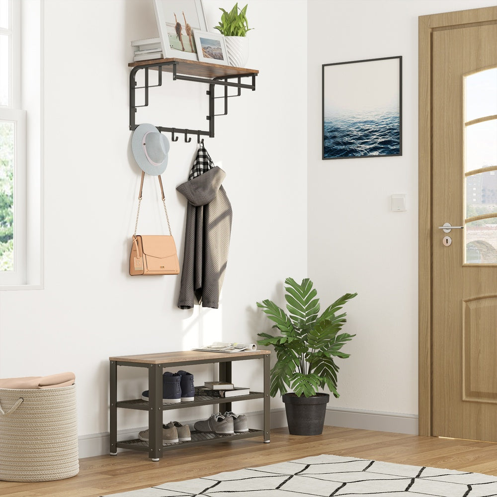 Shelf Storage Bench - Metal Mesh Shelves - 29 Inch Entryway Bench