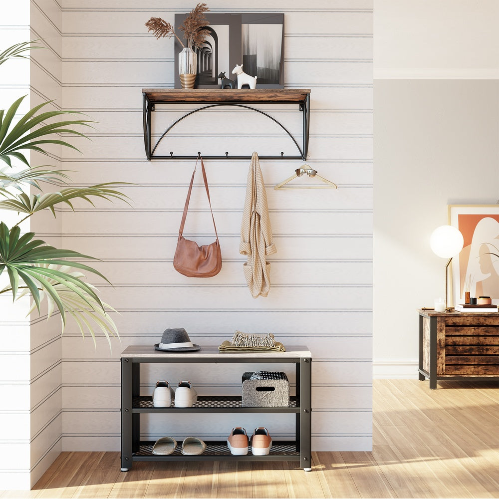 Shelf Storage Bench - Metal Mesh Shelves - 29 Inch Entryway Bench