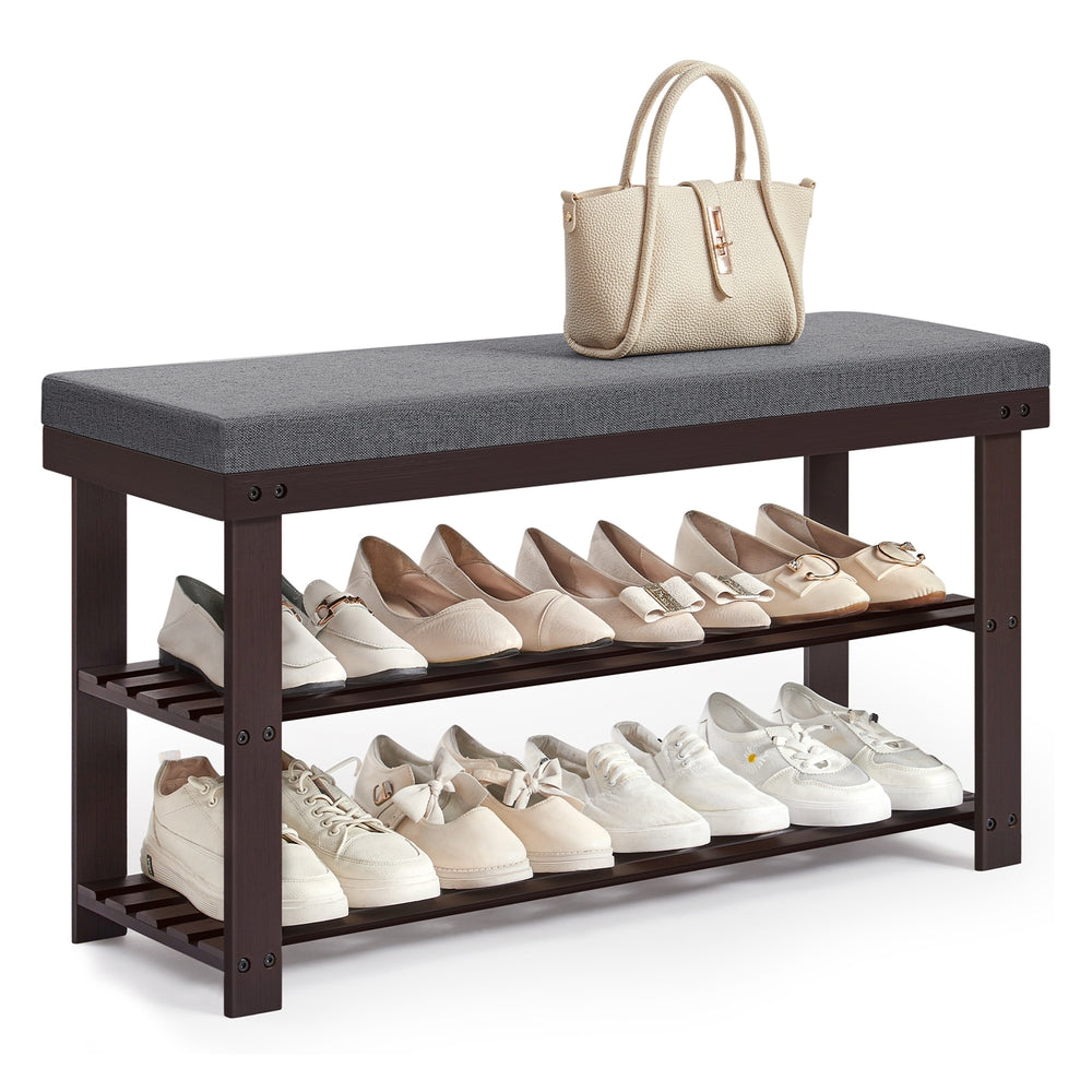 Shoe Organizer with Bench - Brown, Gray - 11.4"D x 35.4"W x 19.3"H