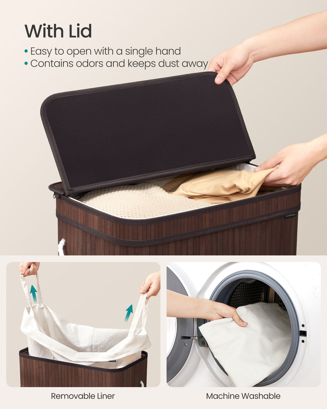 Bamboo Laundry Hamper with Lid - 26 Gallon Capacity - Removable Fabric Liner
