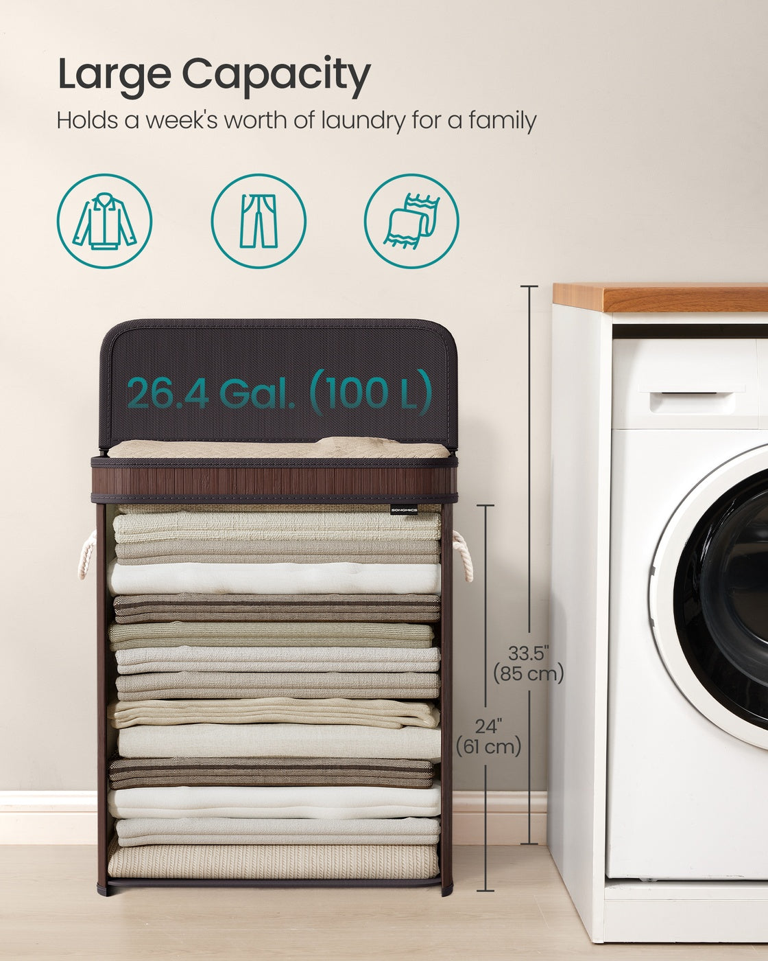 Bamboo Laundry Hamper with Lid - 26 Gallon Capacity - Removable Fabric Liner