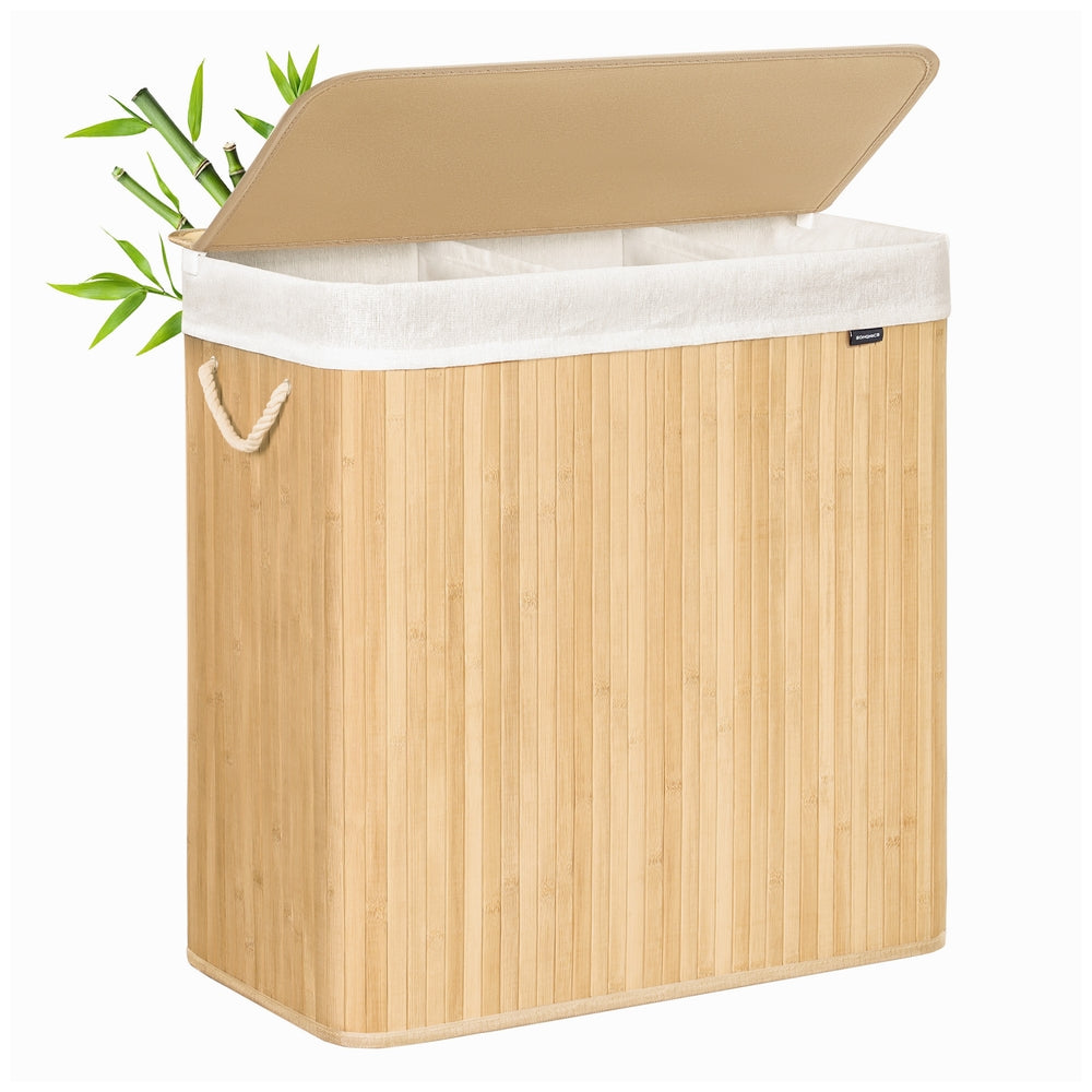 3-Section Laundry Hamper with Lid 39.6 Gallons (150L) - Natural