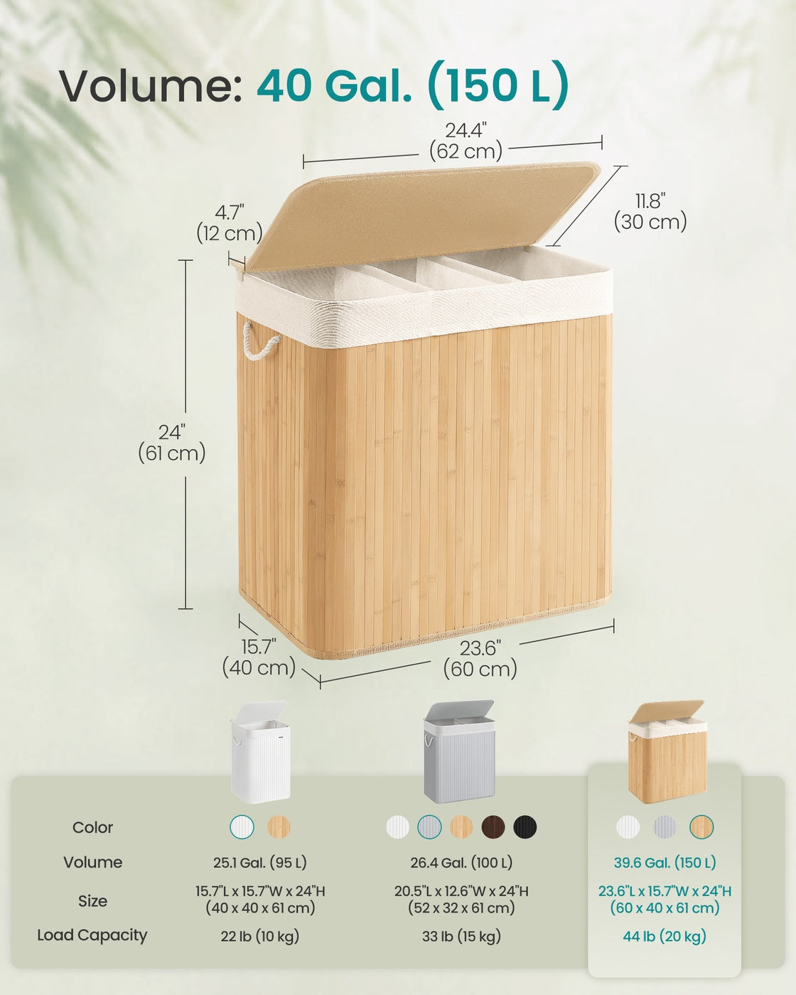 Laundry Hamper - 3-Section - 39.6 Gallon - Lid