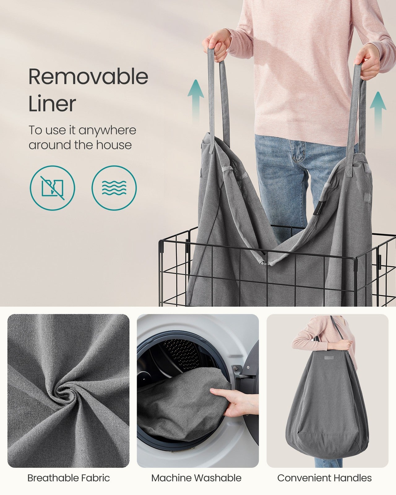 Laundry Hamper with Metal Wire Frame - 34.3 Gal. (130L) - Ink Black, Dove Gray