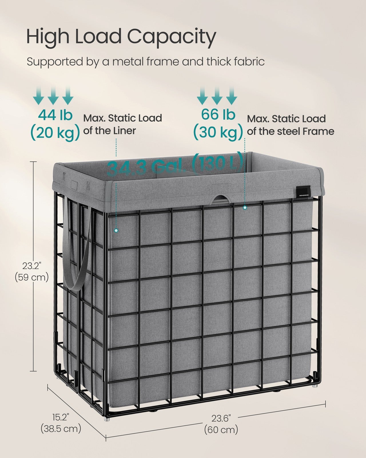 Laundry Hamper with Metal Wire Frame - 34.3 Gal. (130L) - Ink Black, Dove Gray