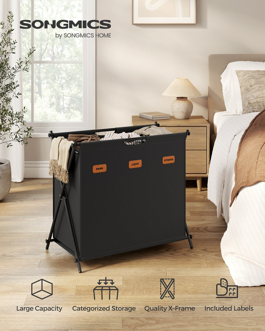 35.7 Gal. Laundry Hamper 3 Sections with Collapsible X-Frame Ink Black - Ink Black