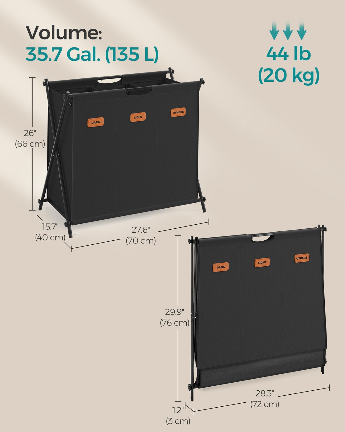 35.7 Gal. Laundry Hamper 3 Sections with Collapsible X-Frame Ink Black - Ink Black