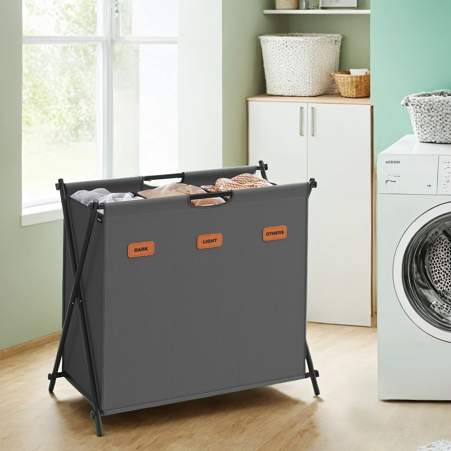 Foldable Three Section Laundry Basket with Labels
