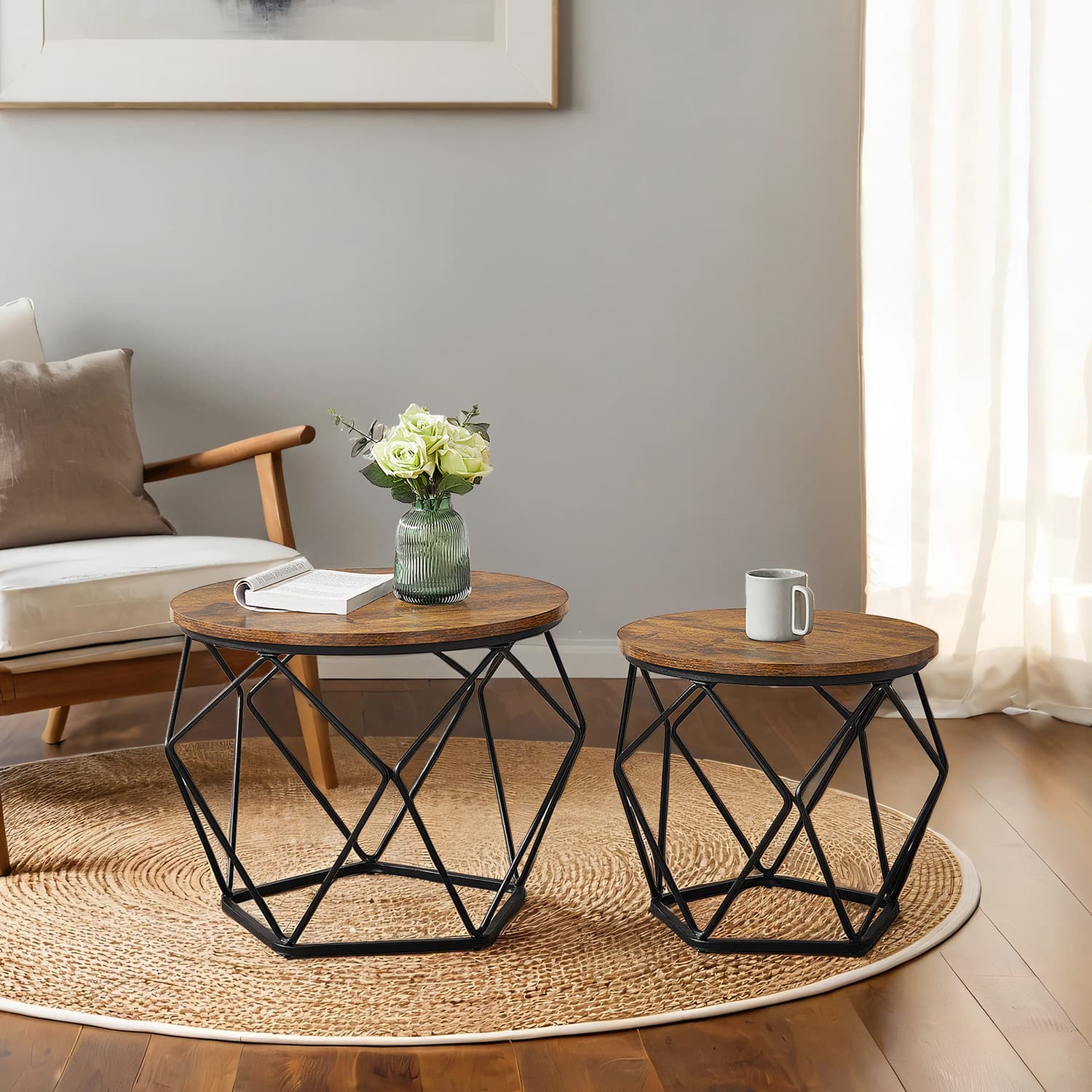 Round Coffee Table and Side Table Set for Living Room and Office