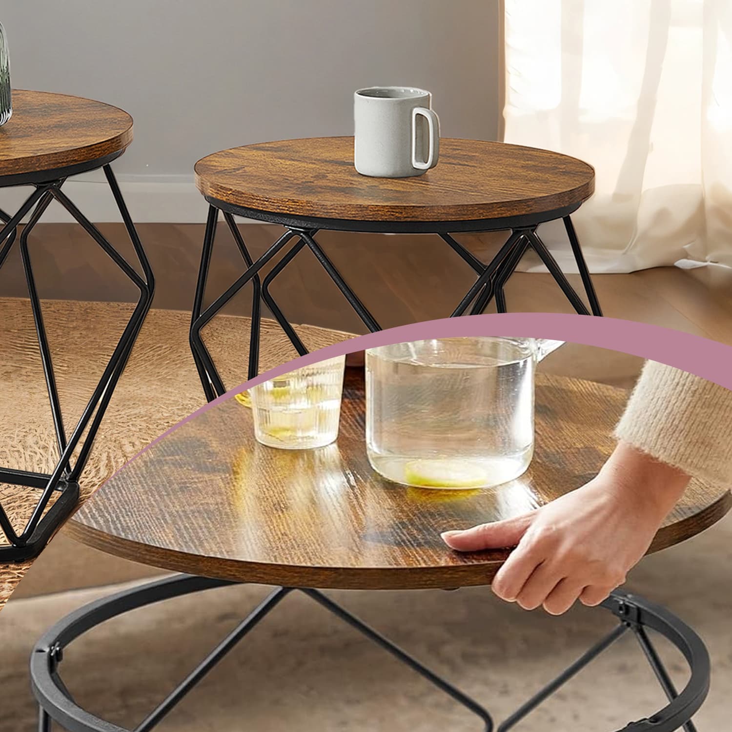 Round Coffee Table and Side Table Set for Living Room and Office
