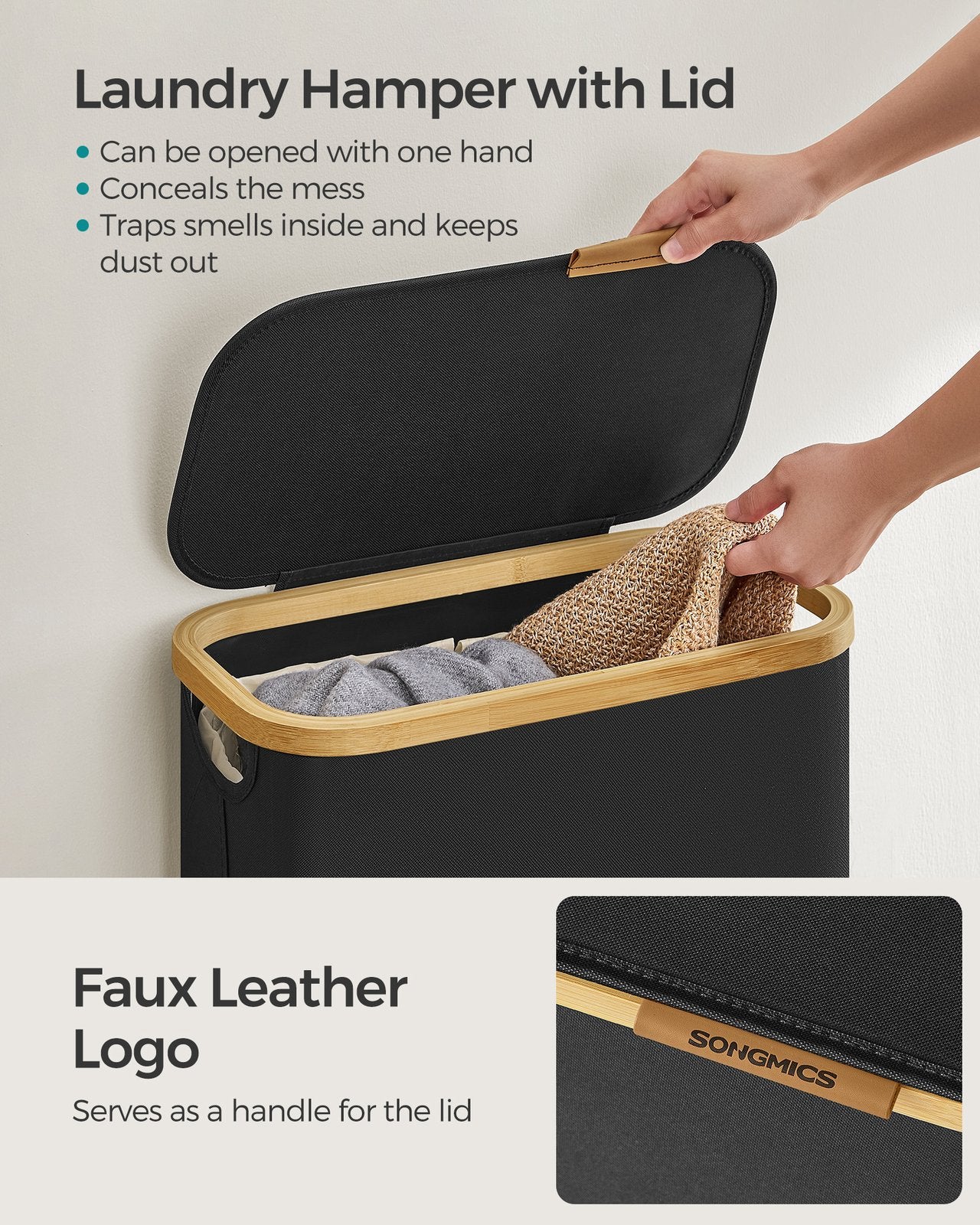 Laundry Hamper - 3-Section - Bamboo Handles - Collapsible