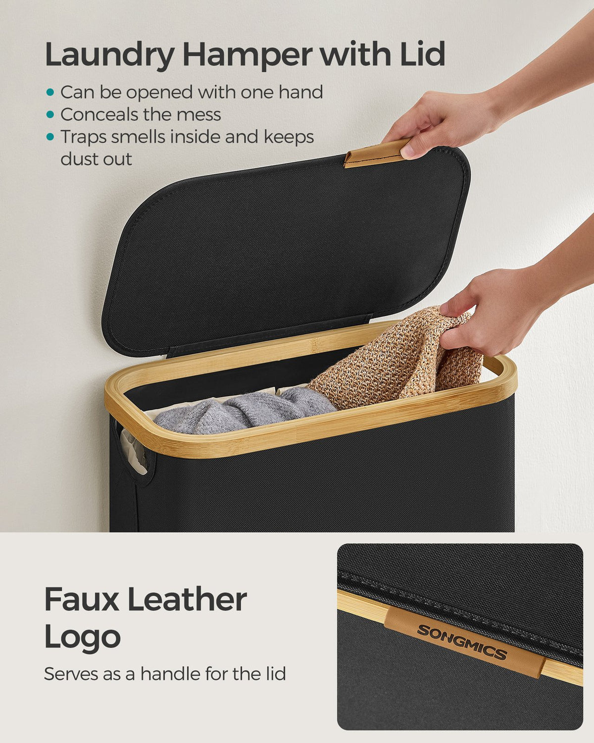 Laundry Hamper - 3-Section - Bamboo Handles - Collapsible