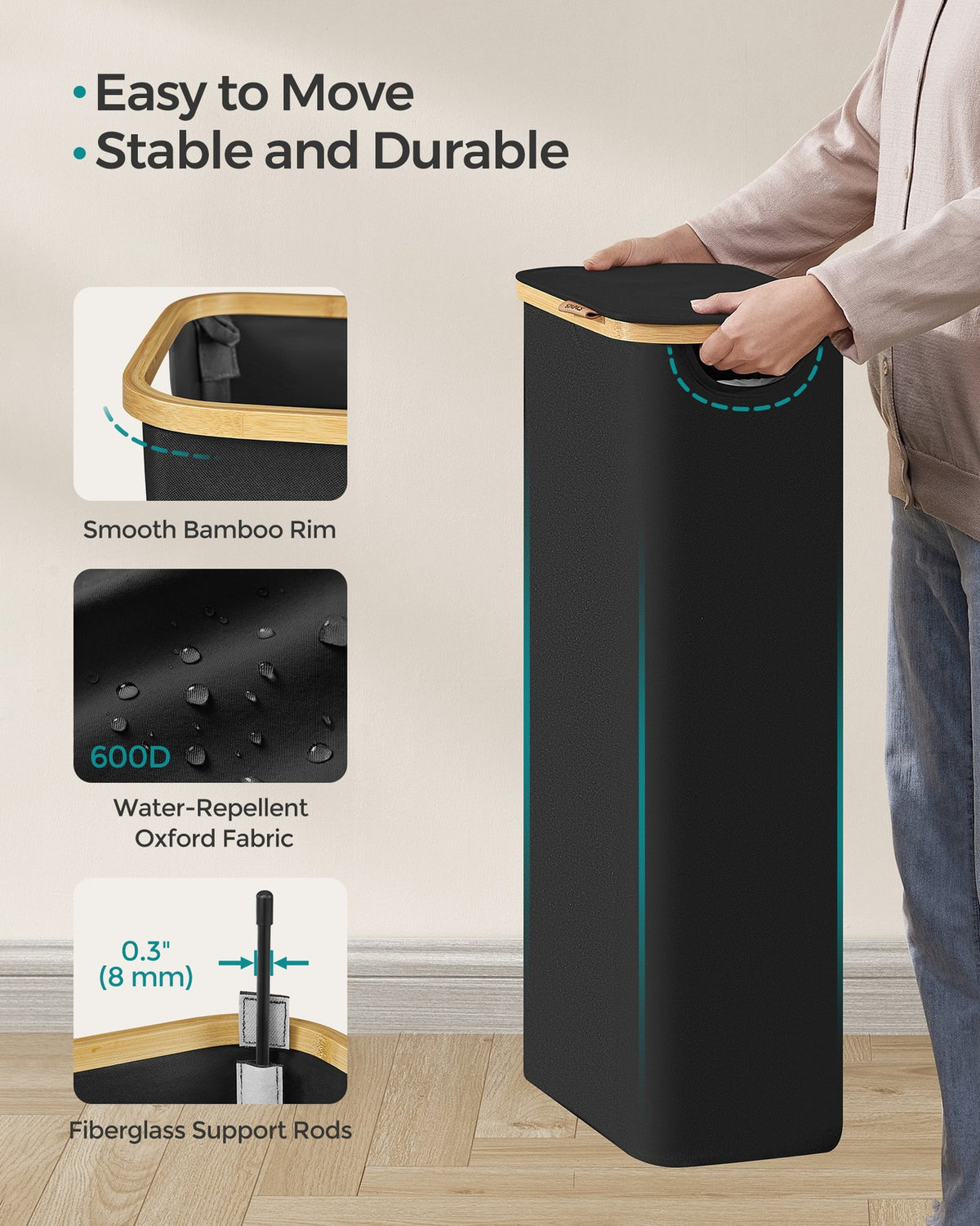 Laundry Hamper - 3-Section - Bamboo Handles - Collapsible