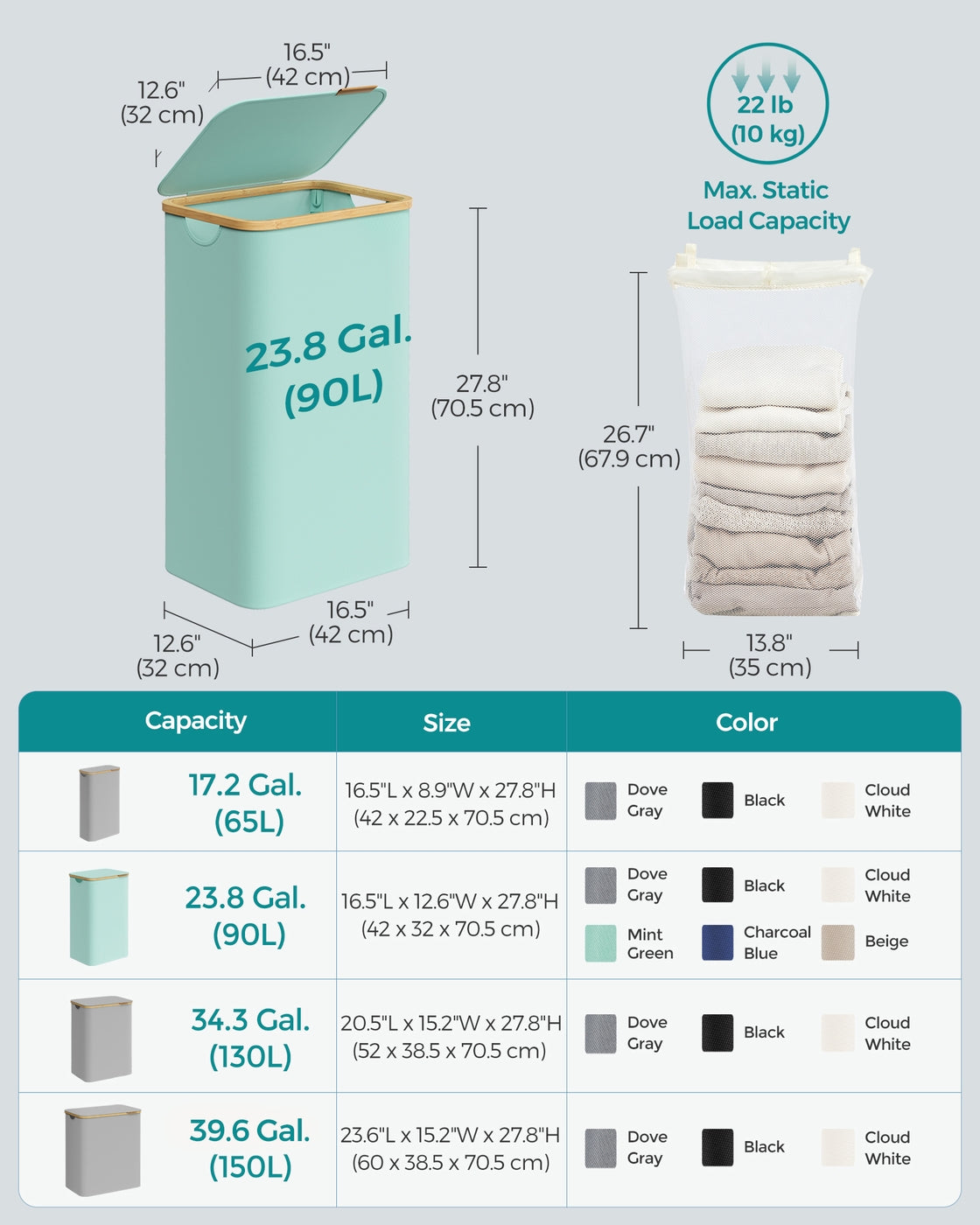 Laundry Hamper - 23.8 Gallons - 16.5 x 12.6 x 27.8 Inches - Mint Green - Mint Green