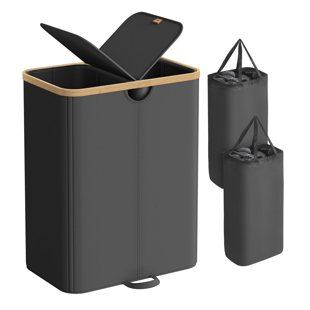Laundry Hamper 2 Compartments 39 Gal. (150 L) Cream White and Light Bamboo - Ink Black, Light Bamboo