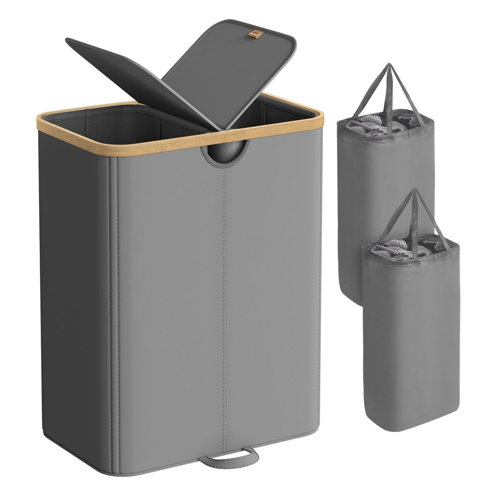 Laundry Hamper 2 Compartments 39 Gal. (150 L) Cream White and Light Bamboo - Slate Gray, Light Bamboo