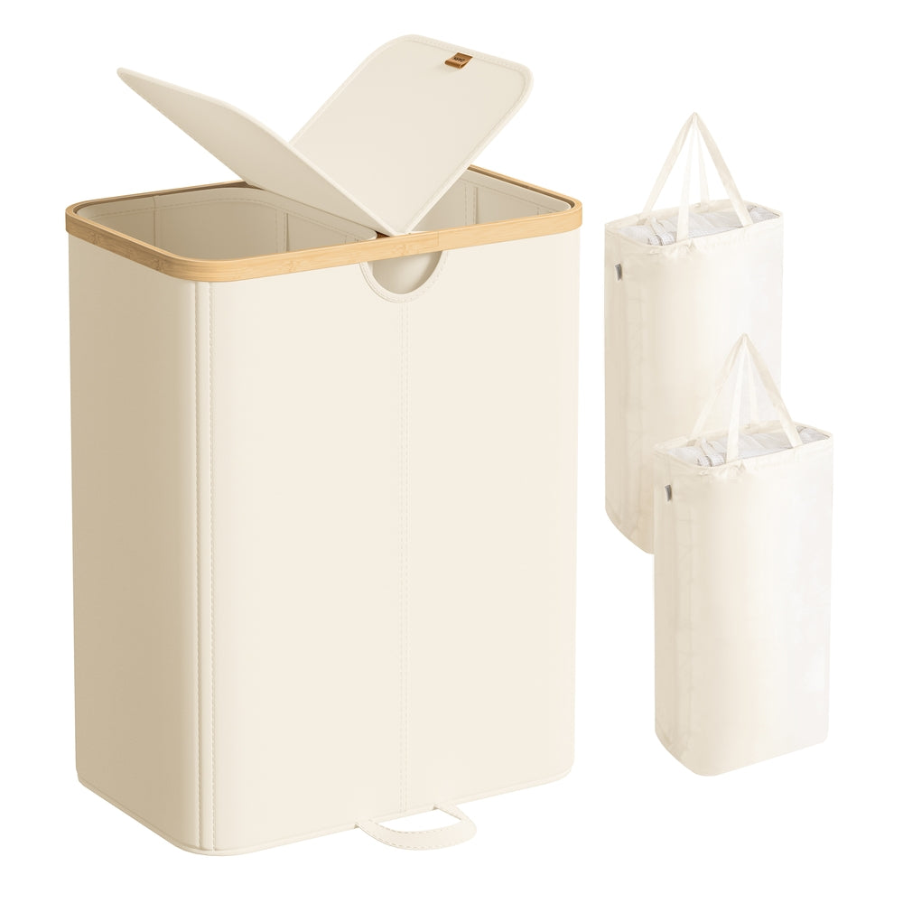 Laundry Hamper 2 Compartments 39 Gal. (150 L) Cream White and Light Bamboo - Cream White, Light Bamboo
