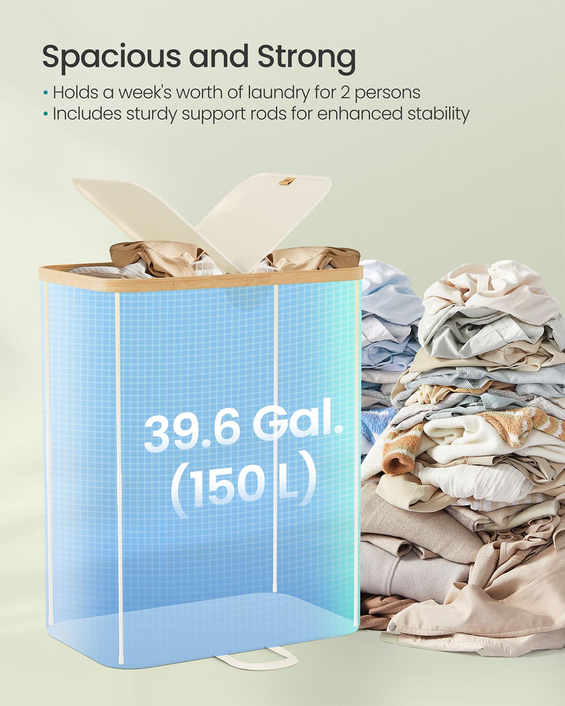 Laundry Hamper 2 Compartments 39 Gal. (150 L) Cream White and Light Bamboo - Cream White, Light Bamboo