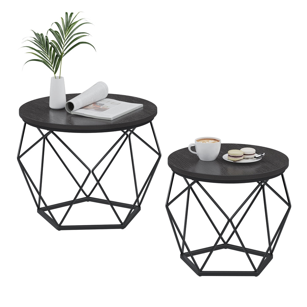 Round Coffee Table with Steel Frame Set of 2 - Charcoal Gray, Ink Black