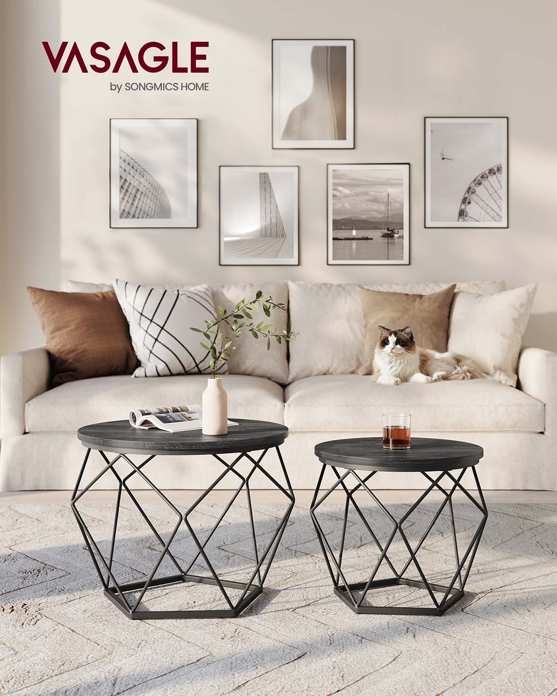 Round Coffee Table with Steel Frame Set of 2 - Charcoal Gray, Ink Black