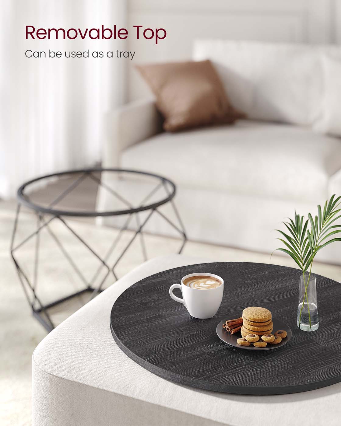 Round Coffee Table with Steel Frame Set of 2 - Charcoal Gray, Ink Black