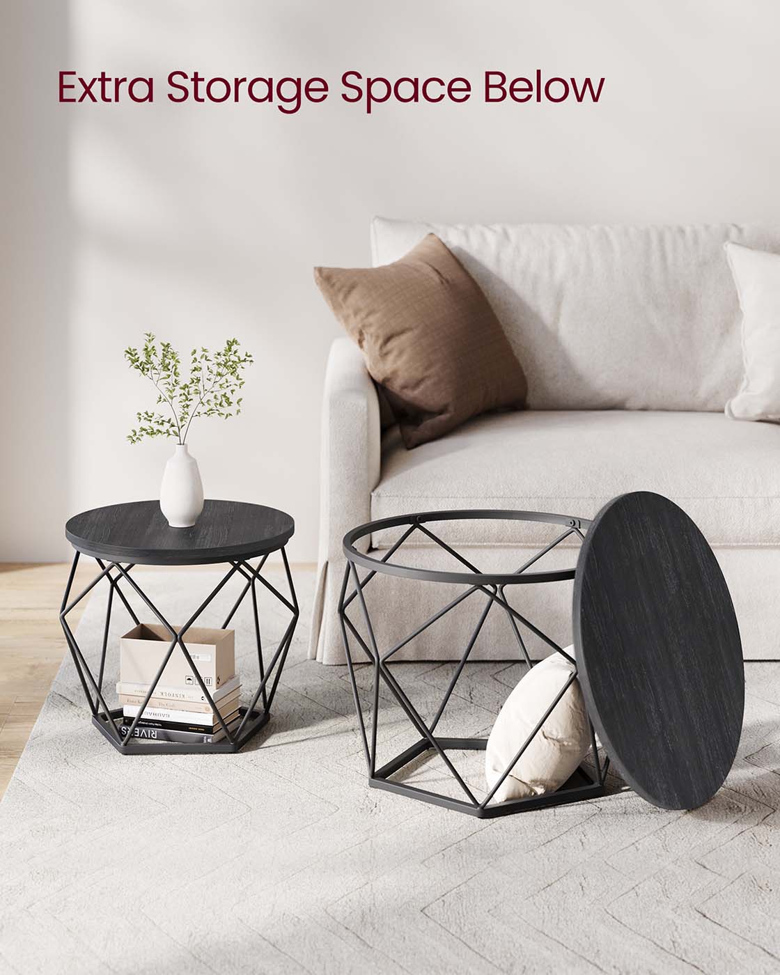 Round Coffee Table with Steel Frame Set of 2 - Charcoal Gray, Ink Black