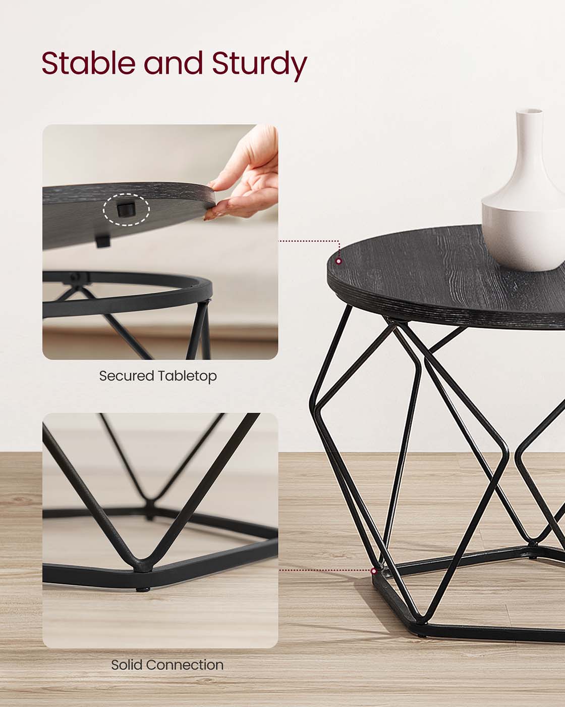 Round Coffee Table with Steel Frame Set of 2 - Charcoal Gray, Ink Black