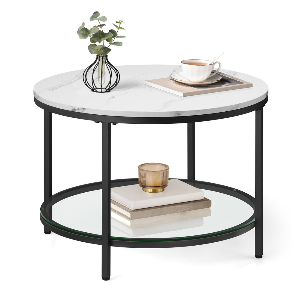 Round Coffee Table with Faux Marble Top and Glass Storage Shelf - Marble White, Ink Black