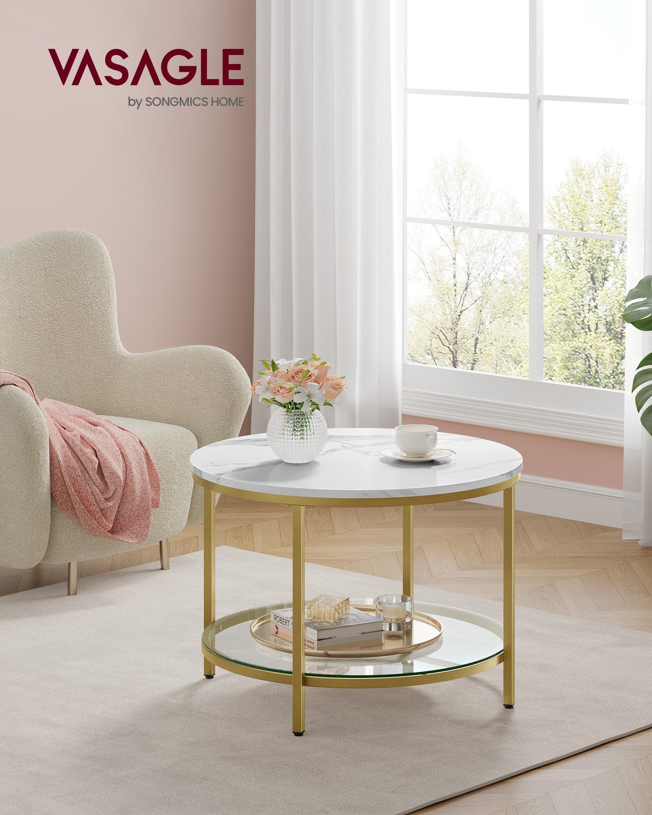 Round Coffee Table with Faux Marble Top and Glass Storage Shelf - Marble White, Pale Gold