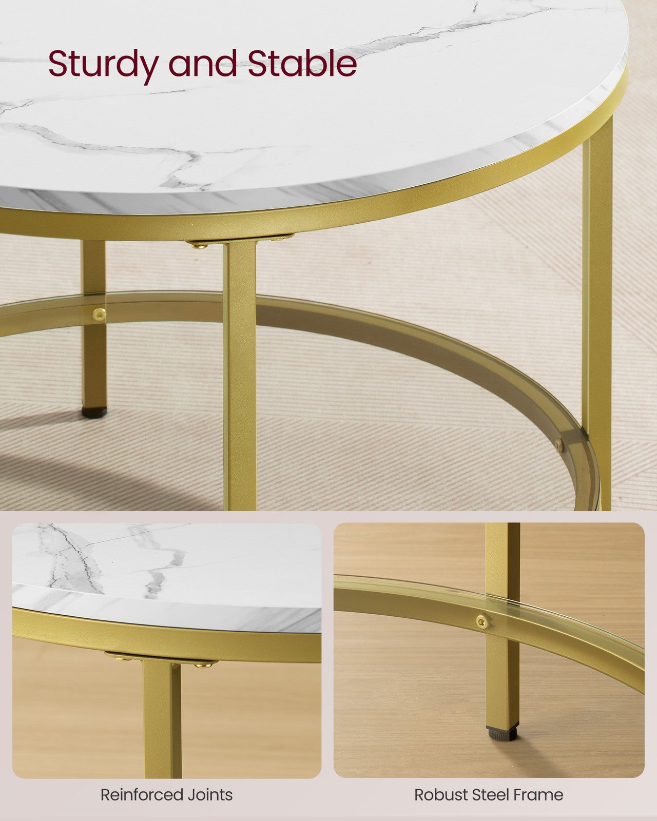 Round Coffee Table with Faux Marble Top and Glass Storage Shelf - Marble White, Pale Gold