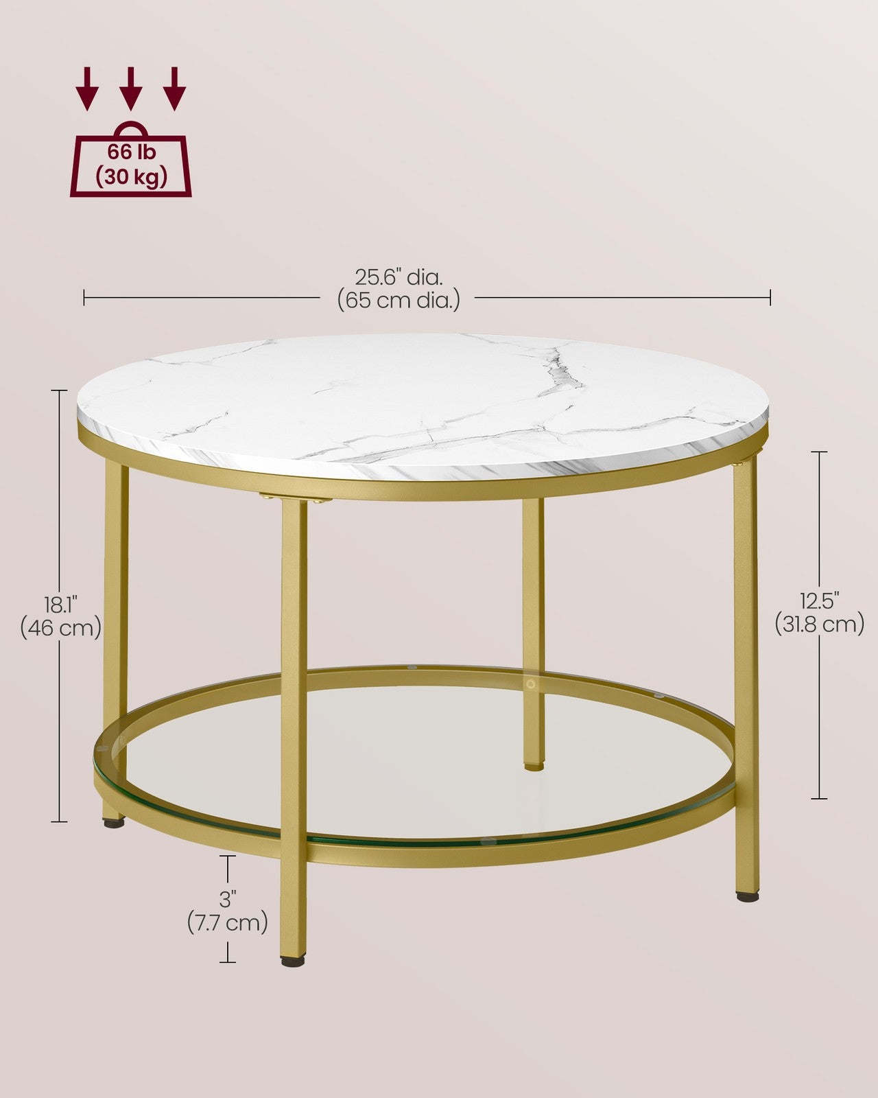 Round Coffee Table with Faux Marble Top and Glass Storage Shelf - Marble White, Pale Gold