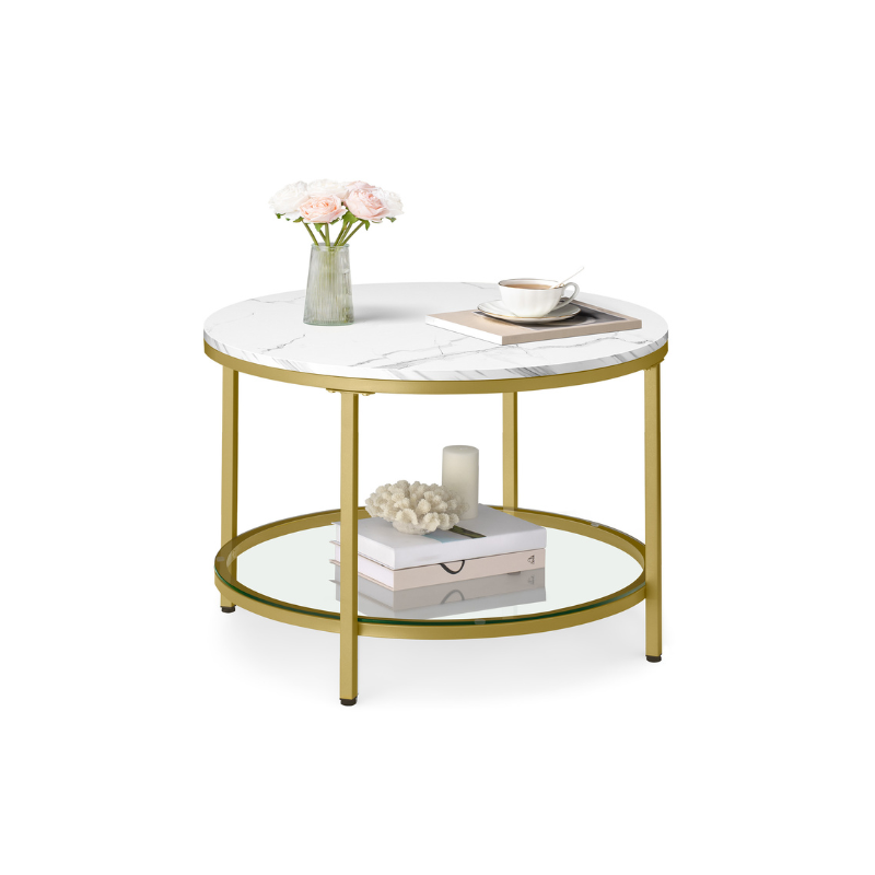 Round Coffee Table with Faux Marble Top and Glass Storage Shelf - Marble White, Pale Gold
