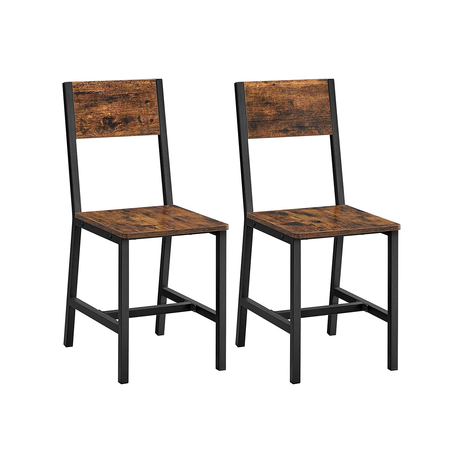 Dining Chair Set of 2 - Rustic Wood Chairs with Metal Steel Frame - Rustic Brown, Ink Black