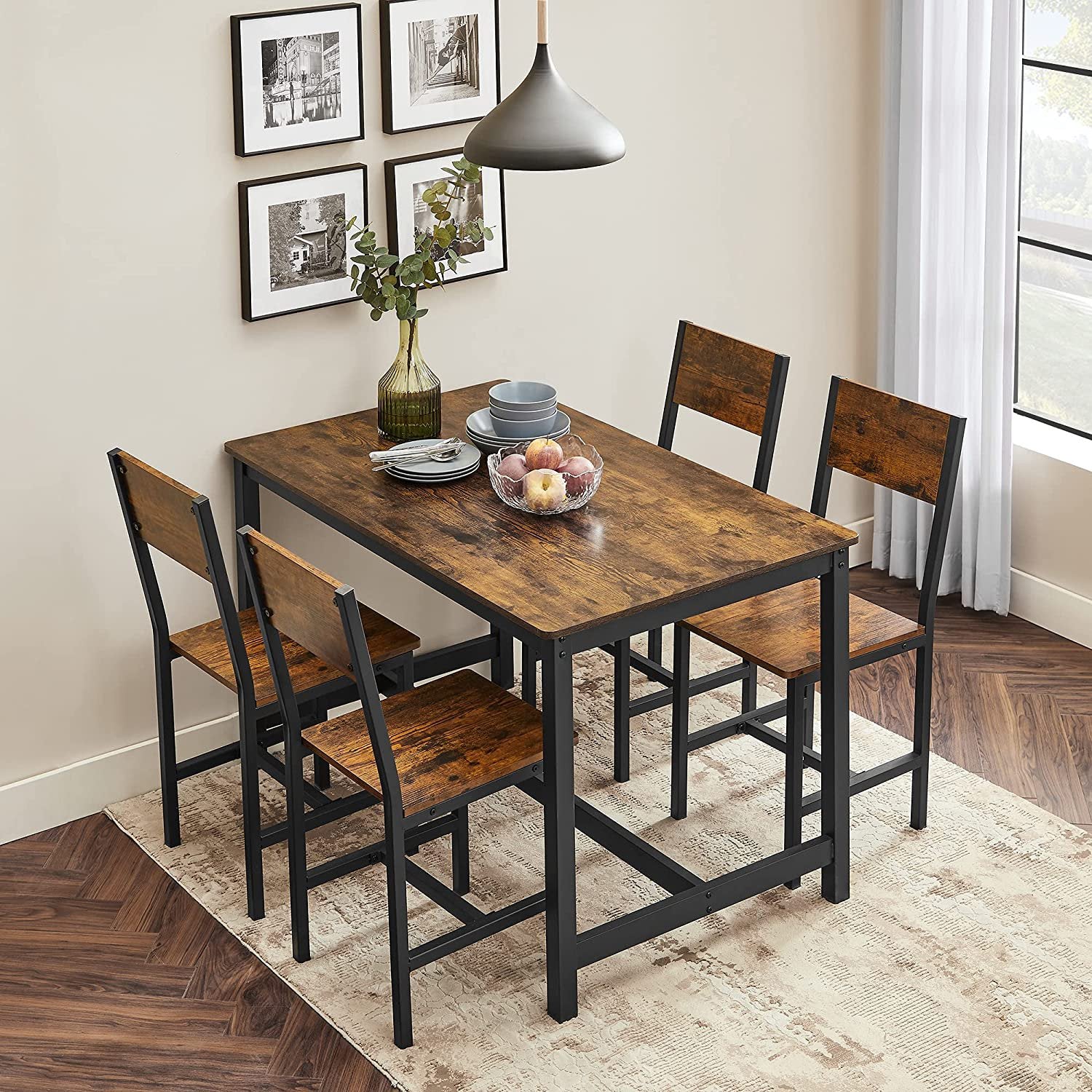 Dining Chair Set of 2 - Rustic Wood Chairs with Metal Steel Frame - Rustic Brown, Ink Black