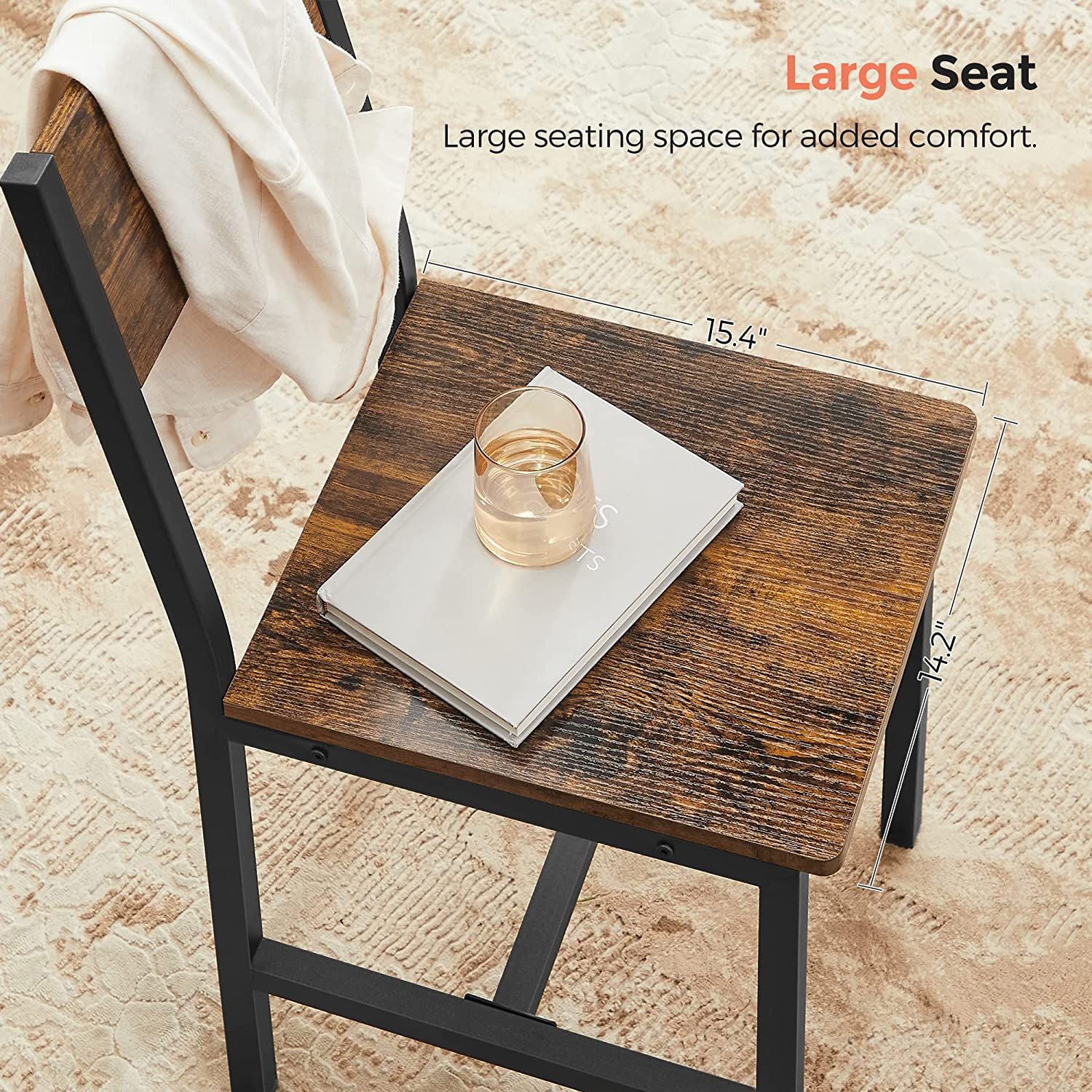 Dining Chair Set of 2 - Rustic Wood Chairs with Metal Steel Frame - Rustic Brown, Ink Black