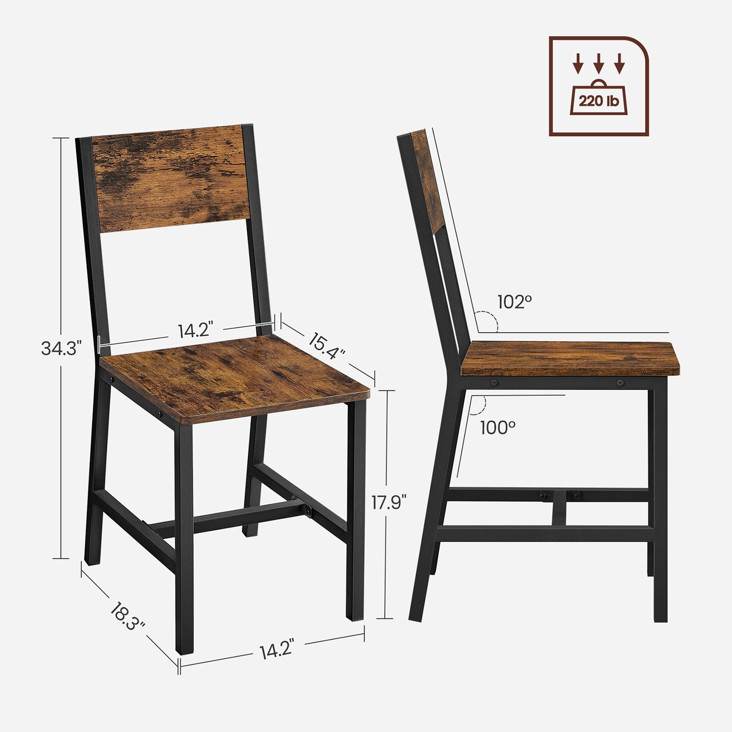 Dining Chair Set of 2 - Rustic Wood Chairs with Metal Steel Frame - Rustic Brown, Ink Black