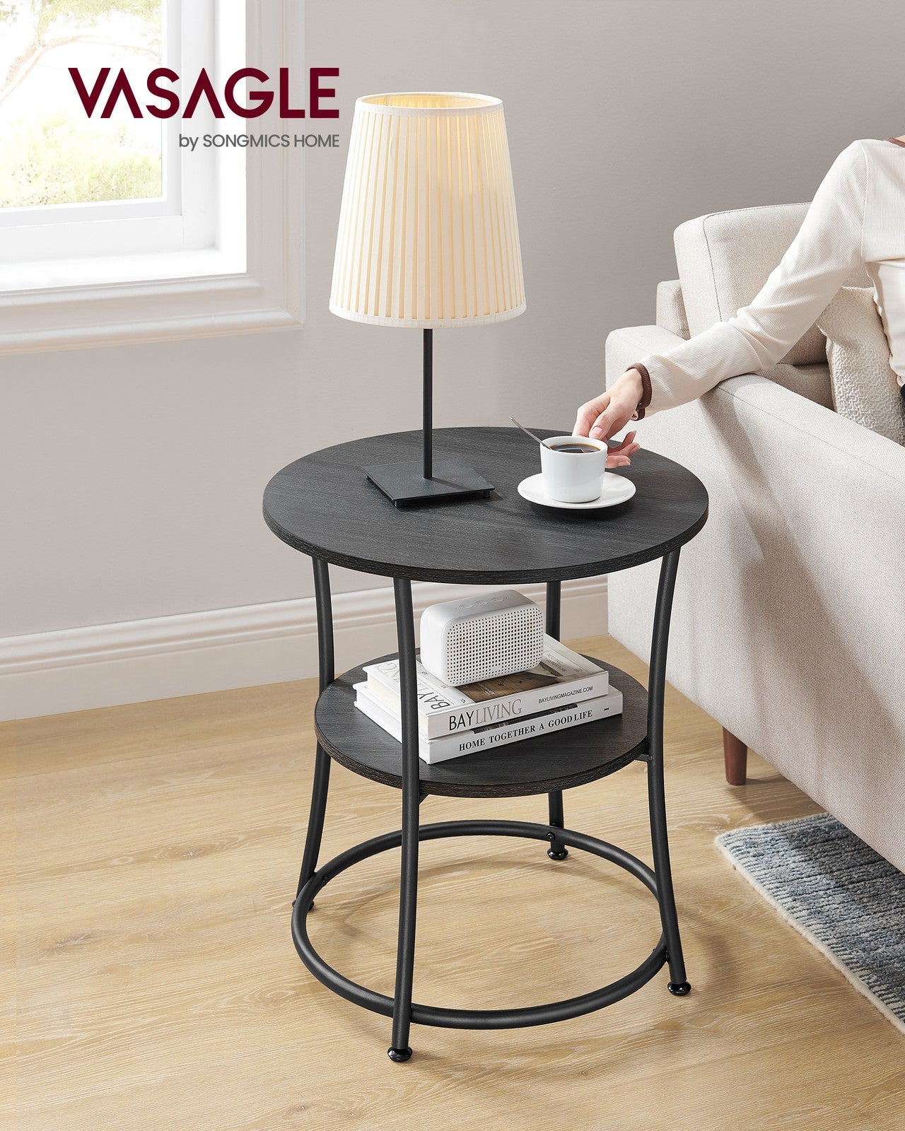 Round End Table with 2 Storage Shelves - Charcoal Gray, Black