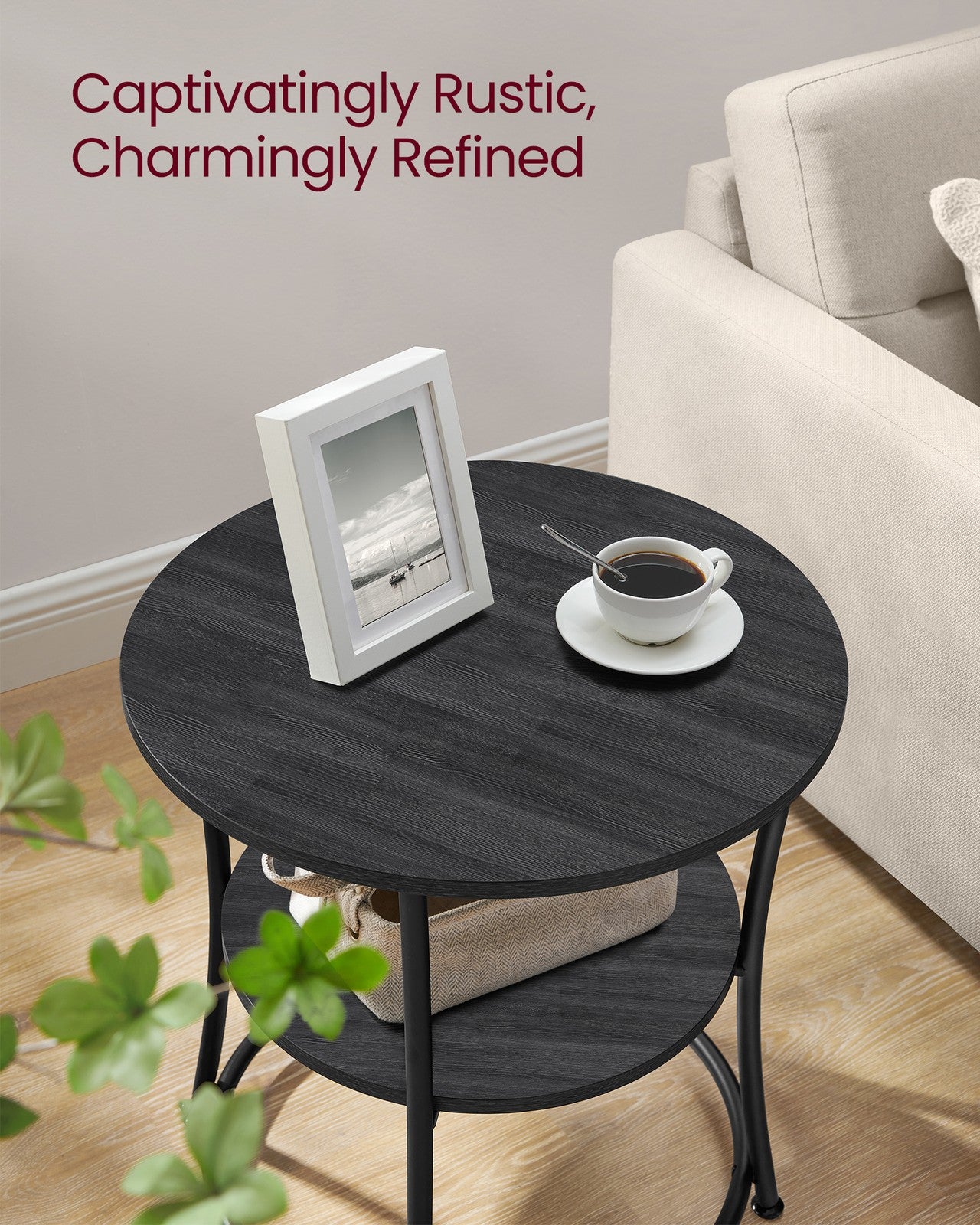 Round End Table with 2 Storage Shelves - Charcoal Gray, Black
