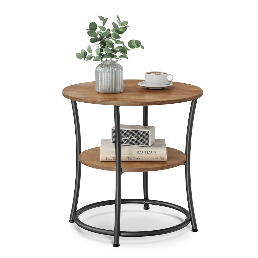Round End Table with 2 Storage Shelves - Rustic Brown, Ink Black - 21.7”Dia. x 21.7”H
