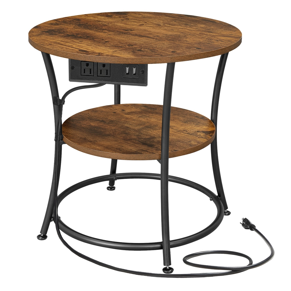 Side Table - 2-Tier Round End Table with Power Outlets - Rustic Brown